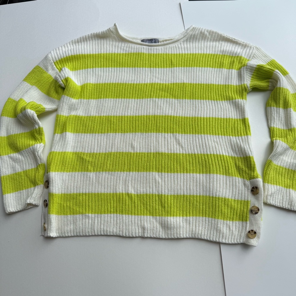 MARLED Reunited Clothing Knit Sweater Women's Medium Lime White Striped Pullover